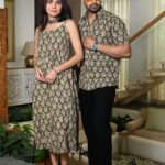 Couple Matching Outfit ? Olive Green Cotton Printed Midi Dress & Shirt Set, Casual Ethnic Wear