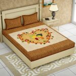 Jaipuri Stylish Little Couple Printed Double Bed Bedsheet With Two Pillow Cover (Beige)