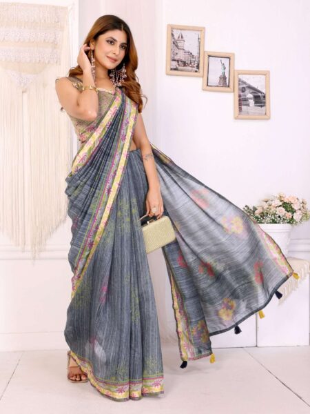 Grey Floral Printed Chanderi Saree with Contrast Border ? Elegant Festive & Traditional Wear