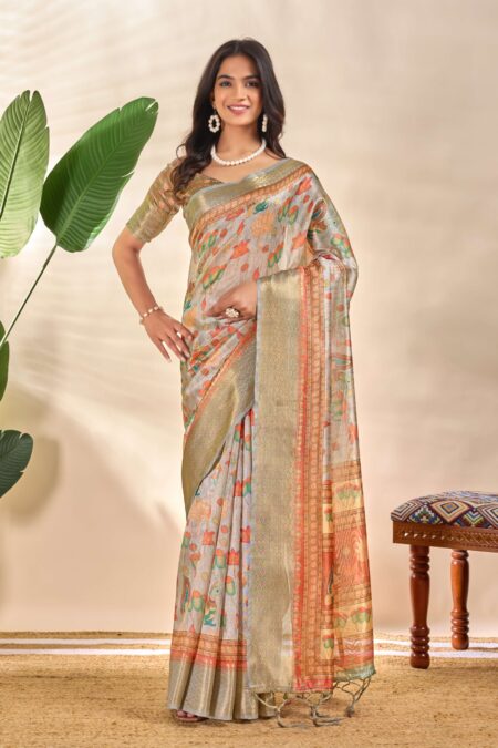 Royal Soft Silk Saree with Zari Border & Lotus Peacock Print