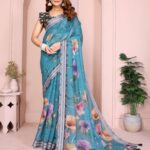 Teal Linen Cotton Saree with Vibrant Multicolor Floral Prints & Tassel Pallu