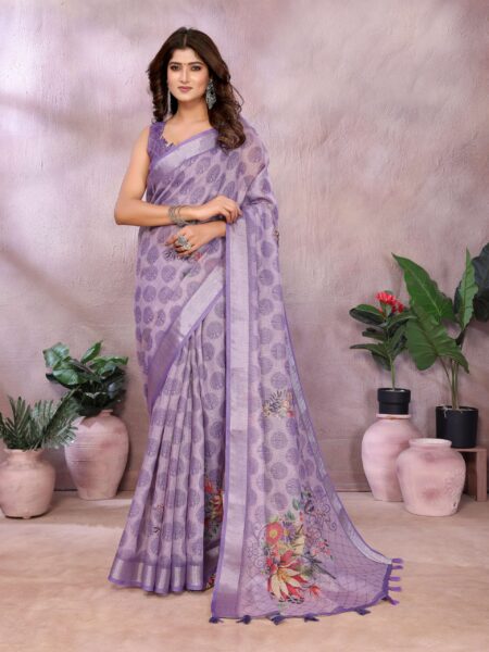 Lavender Floral Linen Shimmer Saree ? Elegant Festive & Wedding Wear