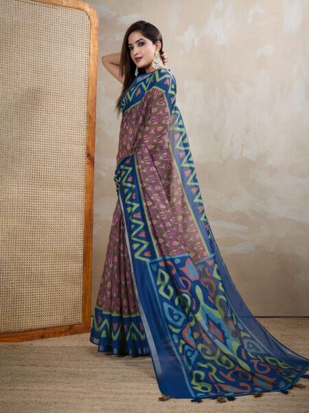 Brown & Blue Ikat Printed Chanderi Saree ? Elegant Traditional & Festive Wear