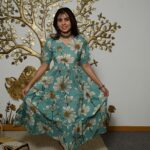 Teal-Blue Printed Cotton Anarkali Maxi Dress with Puff Sleeves Elegant Casual Wear
