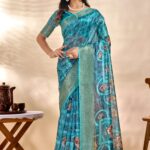 Teal Blue Soft Silk Saree with Floral Digital Pallu & Zari Border