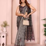 Grey & Black Floral Black Chanderi Saree ? Elegant Digital Prints with Golden Woven Border