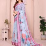 Sky Blue Linen Cotton Saree with Pastel Floral Prints & Pink Tassel Border