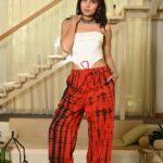 Peach Cotton Pants with Pink Floral Print ? Elastic Waist & Pockets"