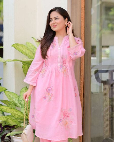 Women's Cotton Embroidery A-Line Kurti With Pant Set