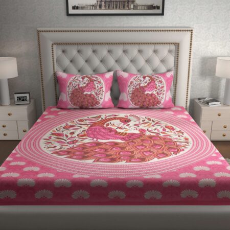 Jaipuri Stylish Peacock Printed Double Bed Bedsheet With Two Pillow Cover (Pink)