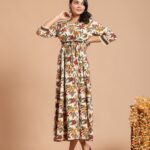 Cream Floral Printed Maxi Dress with Drawstring Waist & 3/4th Sleeves