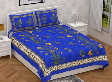 Jaipuri Stylish Floral Printed Double Bed Bedsheet With Two Pillow Cover (Blue)