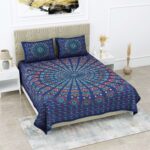Jaipuri Stylish Mandala Printed Double Bed Bedsheet With Two Pillow Cover (Blue)