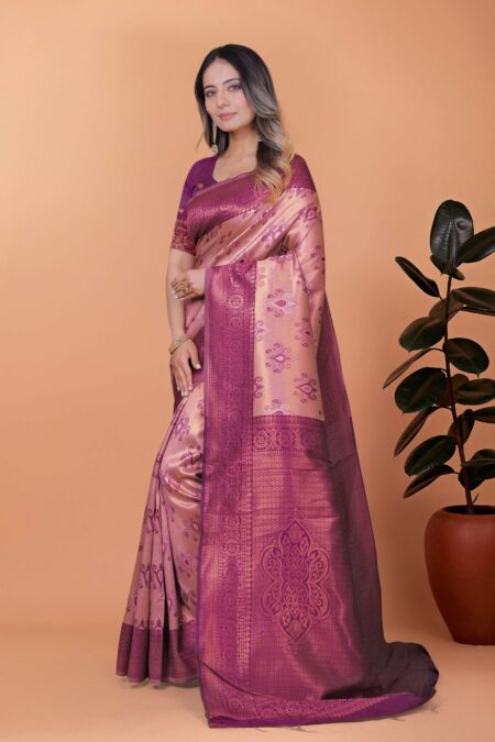 Orchid Glow Banarasi Silk Saree in Lavender-Gold & Plum with Floral Zari Work | Wedding, Festive & Traditional Ethnic Wear