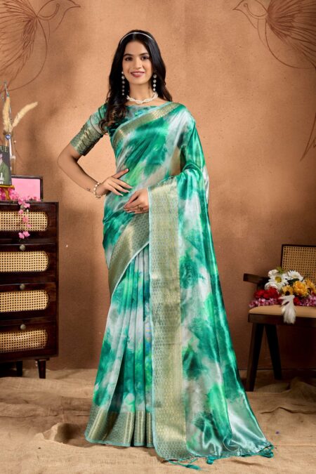 Elegant Green Soft Silk Blend Watercolor Print Saree