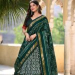 White Tussar Silk Lehenga Choli with Bottle Green Blouse | Patola Print & Foil Work | Wedding & Festive Wear