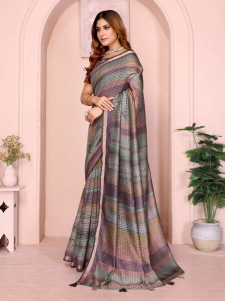 Pastel Multicolor Checked Black Chanderi Saree ? Lightweight Digital Prints with Tassel Border