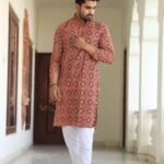 Mens Red Printed Cotton Kurta with White Pajama ? Ethnic Wear for Weddings & Festivals