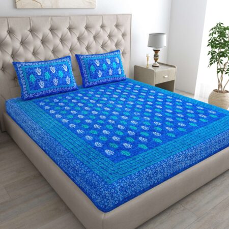 Jaipuri Floral Printed 100% Pure Cotton Double Bedsheet With Two Pillow Cover (Blue)
