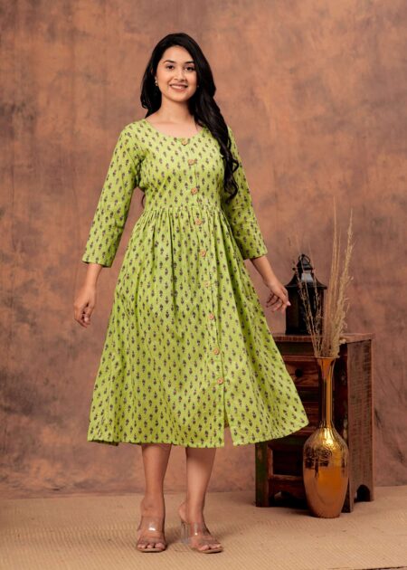 Pista Green Floral Printed Cotton Midi Dress with Button-Down Front