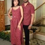 Couple Matching Outfit ? Maroon Cotton Striped Printed Midi Dress & Shirt Set, Casual Summer Wear