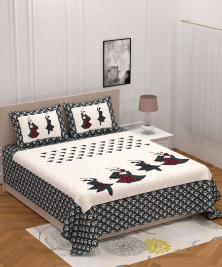 Jaipuri printed cotton double bedsheet with two pillow covers