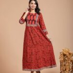 Red Ethnic Maxi Dress with Contrast Paisley Yoke & Border Detailing