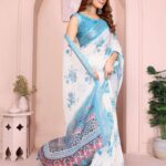 White & Sky Blue Linen Cotton Saree with Artistic Multicolor Pallu & Tassels