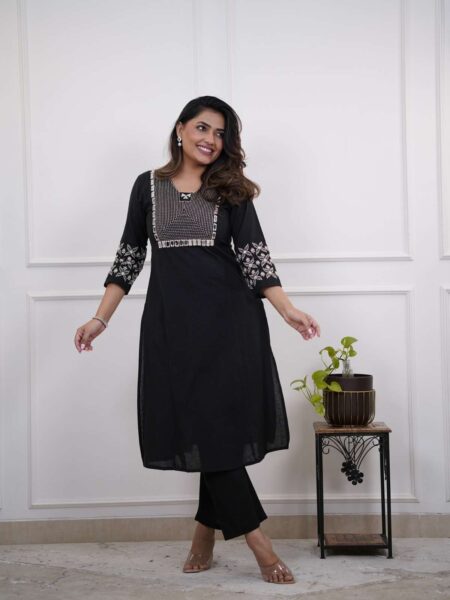 Women's Cotton Embroidery Straight Kurti With Pant Set