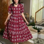 Red Floral Printed Cotton Anarkali Maxi Dress with Puff Sleeves Elegant Casual Wear