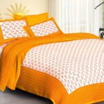 Jaipuri Stylish Floral Printed Double Bed Bedsheet With Two Pillow Cover (Orange And White)