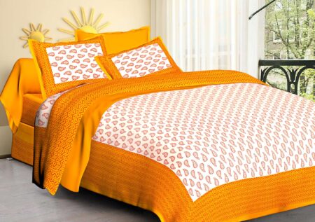 Jaipuri Stylish Floral Printed Double Bed Bedsheet With Two Pillow Cover (Orange And White)