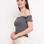 Women's Rayon Solid Off-Shoulder Smocked Crop Top Short Sleeve Casual Styles Tank Top (FREE SIZE) Multi22