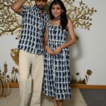 Couple Matching Outfit ? White Blue Cotton Printed Midi Dress & Shirt Set, Summer Casual Wear