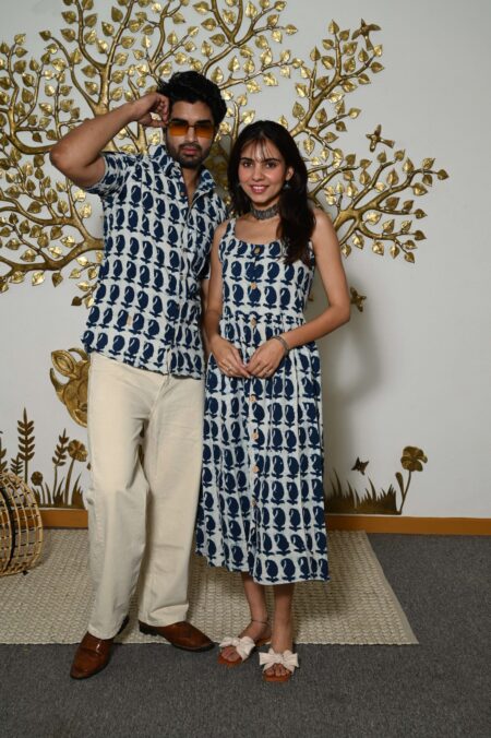 Couple Matching Outfit ? White Blue Cotton Printed Midi Dress & Shirt Set, Summer Casual Wear
