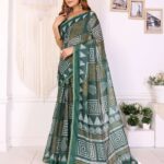 Stylish Bottle Green Chanderi Saree with Bold Geometric Digital Print ? Trendy & Elegant