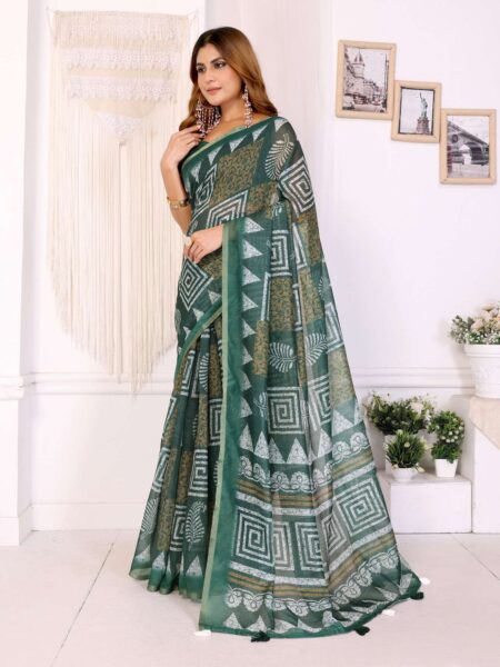 Stylish Bottle Green Chanderi Saree with Bold Geometric Digital Print ? Trendy & Elegant