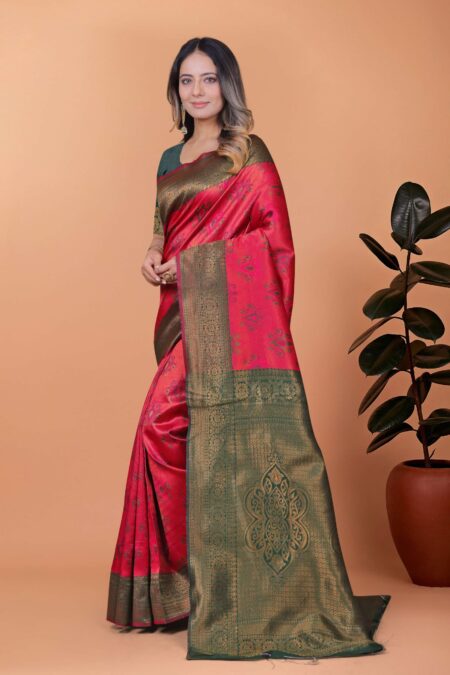 Crimson Majesty Banarasi Silk Saree in Cherry Red & Bottle Green with Zari Work | Wedding, Festive & Traditional Ethnic Wear