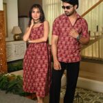 Couple Matching Outfit ? Maroon Ethnic Print Cotton Midi Dress & Shirt Set, Festive Casual Wear