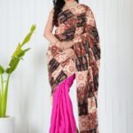 Women's Cream Black Patchwork Printed Saree with Pink Base Blouse Piece Elegant Ethnic Wear