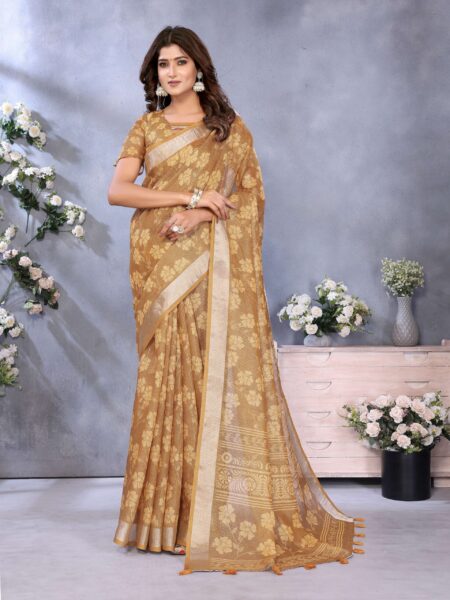 Exquisite Golden Floral Woven Linen Shimmer Saree