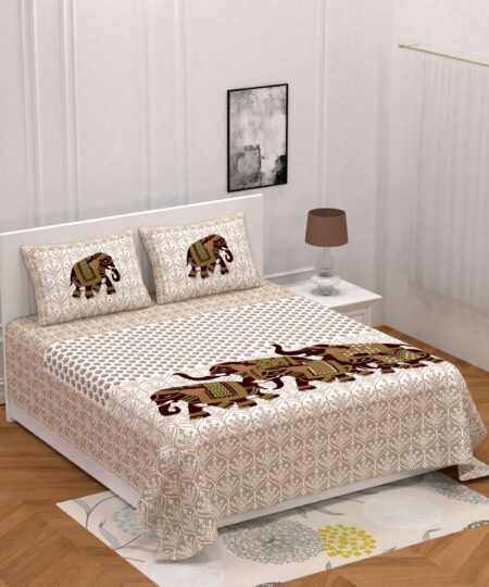 Jaipuri Printed Cotton Double Bed Bedsheet And two pillow covers An Elephant Pattern.