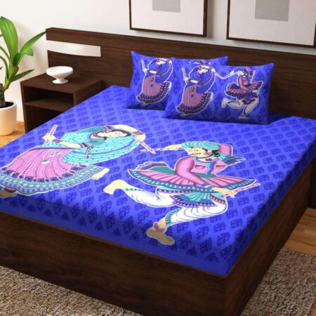 Jaipuri Printed Double Bedsheet With Two Pillow Cover Featuring A Traditional Rajasthani Dandiya Dance Design (Blue)