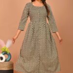 Black & Beige Geometric Printed A-Line Midi Dress with 3/4 Sleeves & Button Detailing ? Elegant Everyday Wear