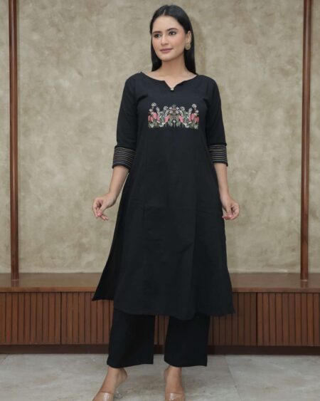 Women's Cotton Embroidered Straight Kurti With Pant Set
