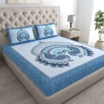 Jaipuri Stylish Peacock Printed Double Bed Bedsheet With Two Pillow Cover (Blue)