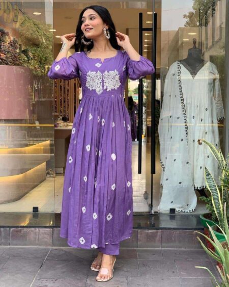 Women's Cotton Printed Long Anarkali Kurti With Pant