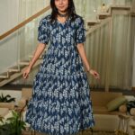 White And Blue Printed Cotton Anarkali Maxi Dress with Puff Sleeves Elegant Casual Wear