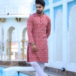 Mens Red Printed Cotton Kurta with White Pajama ? Traditional Ethnic Wear for Festive & Wedding