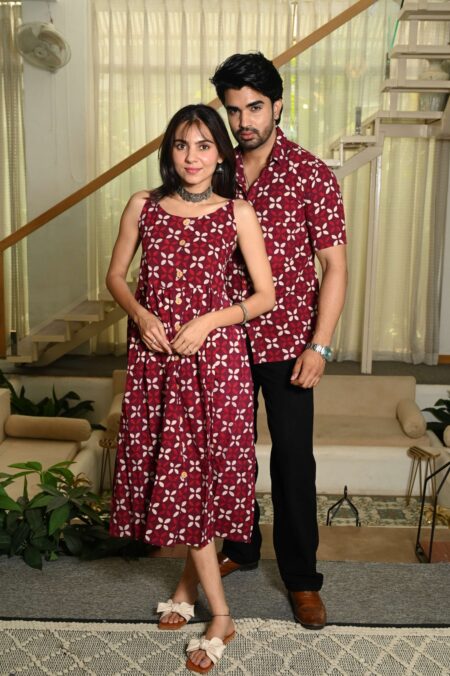 Couple Matching Outfit ? Maroon Cotton Printed Midi Dress & Shirt Set, Stylish Summer Wear